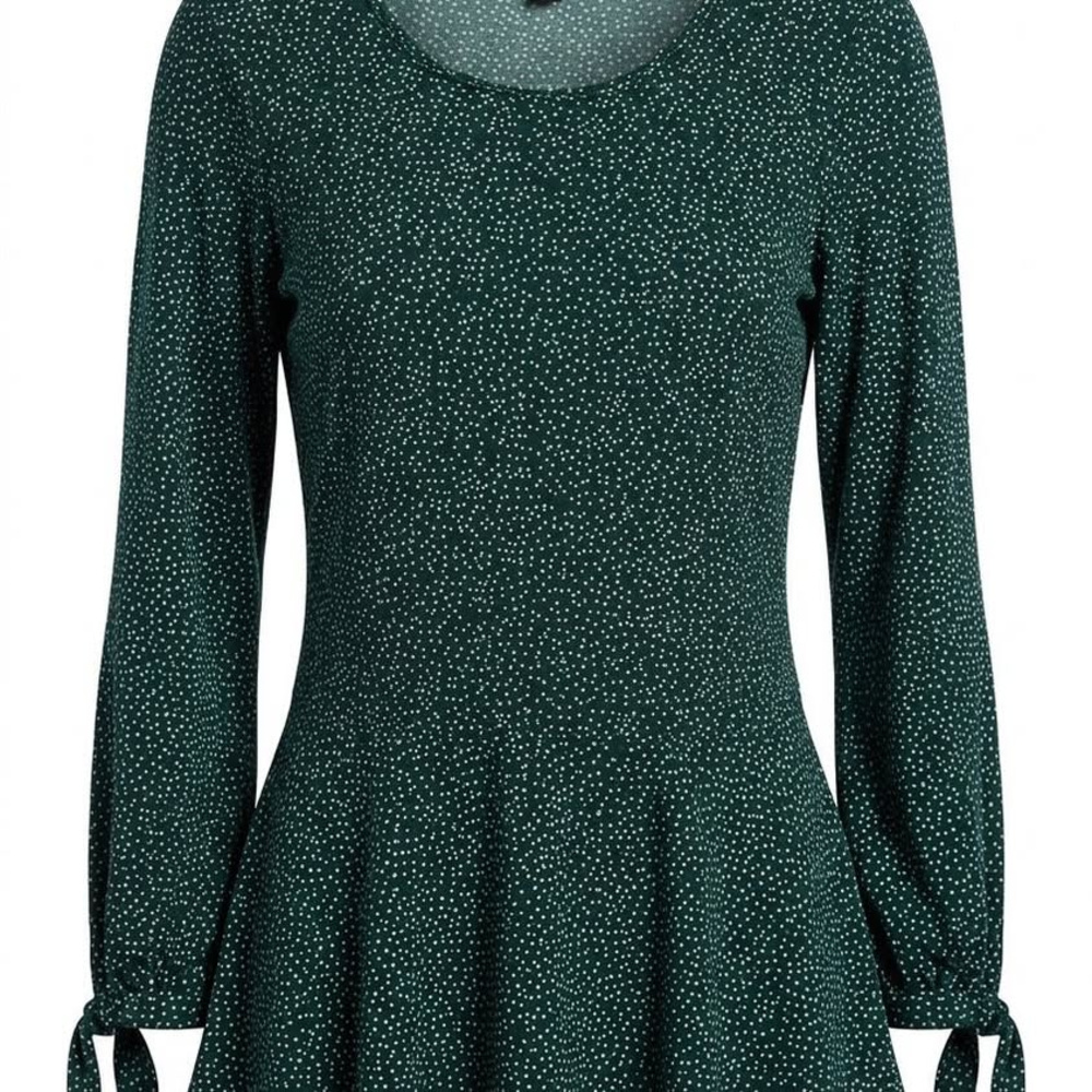 Polyester blend forest green with black and white dots, peplum top, Banana Repub